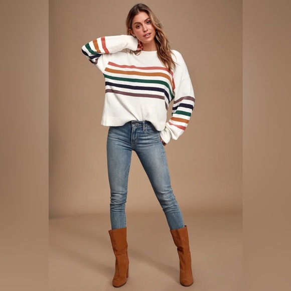 Lulus Heart to Heart Striped Sweater in Ivory Multi Size Small - Picture 10 of 10